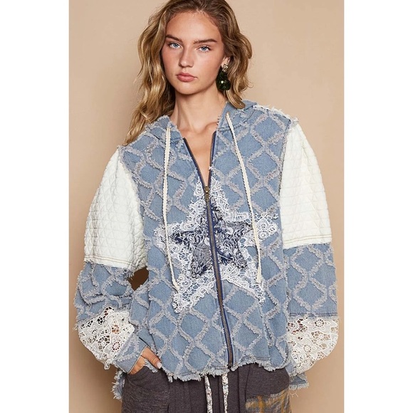 NEW POL Oversized Multi Star Denim Lave Quilted Zip Up Hoodie Medium - Picture 1 of 8